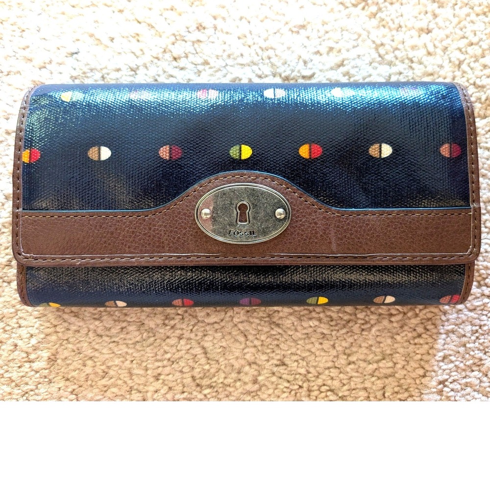 Fossil Key-Per Navy Blue Polka Dot Coated Canvas Clutch Wallet